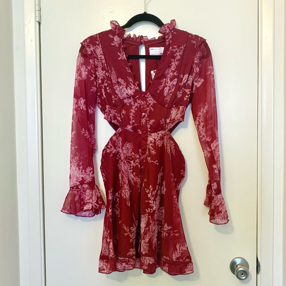 ASOS DESIGN Ruffle Detail Mini Dress with Button Detail in Red Floral Print - Picture 3 of 6